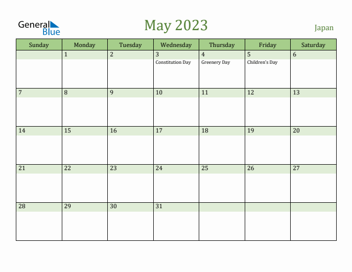 May 2023 Calendar with Japan Holidays