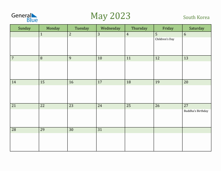 May 2023 Calendar with South Korea Holidays