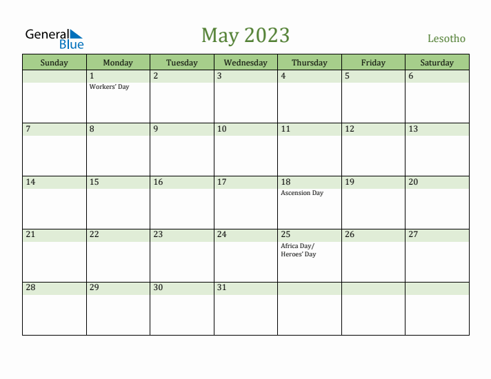 May 2023 Calendar with Lesotho Holidays
