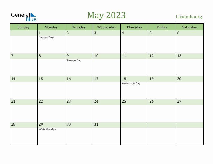 May 2023 Calendar with Luxembourg Holidays