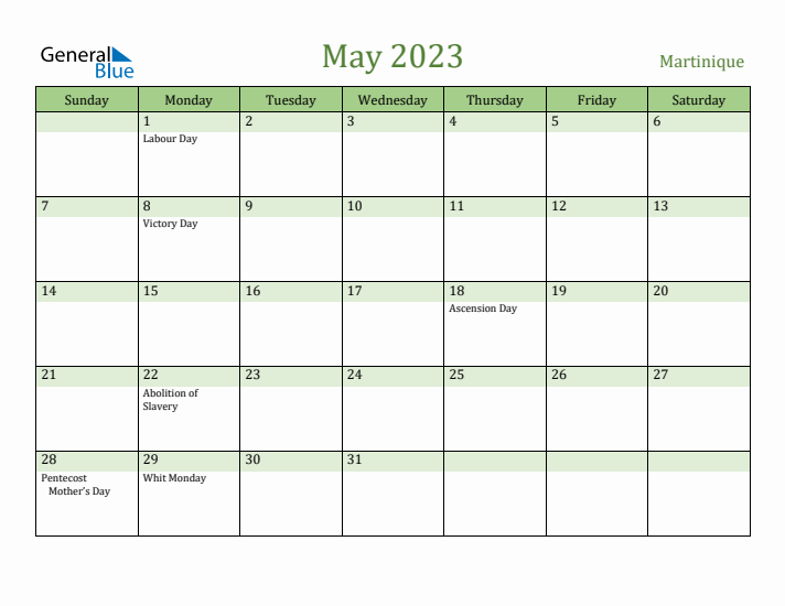 May 2023 Calendar with Martinique Holidays
