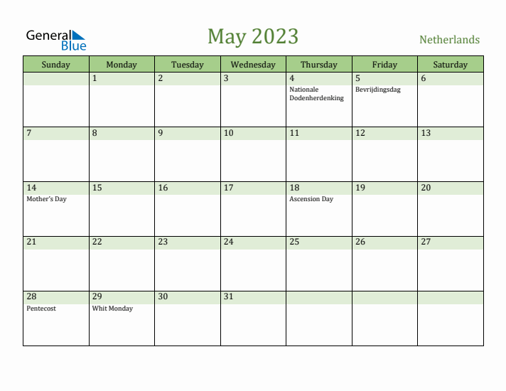 May 2023 Calendar with The Netherlands Holidays