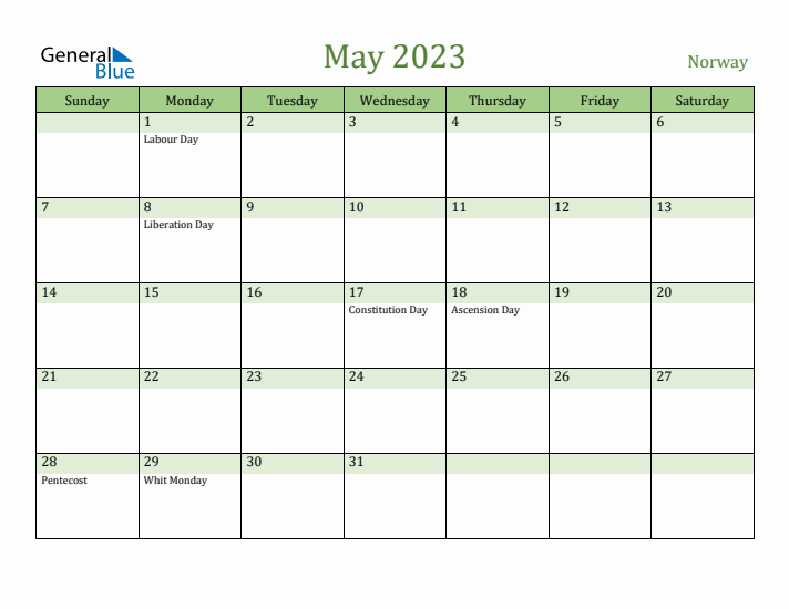 May 2023 Calendar with Norway Holidays