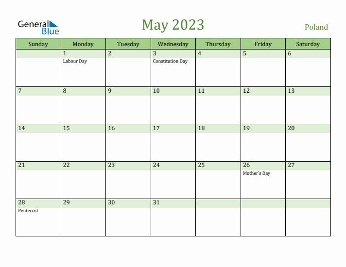 May 2023 Calendar with Poland Holidays