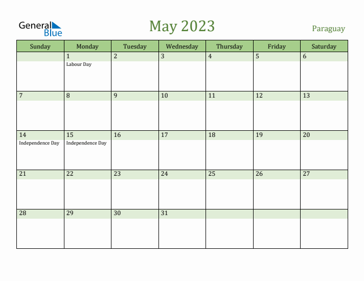 May 2023 Calendar with Paraguay Holidays