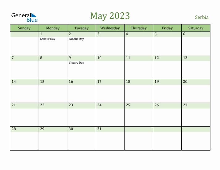 May 2023 Calendar with Serbia Holidays