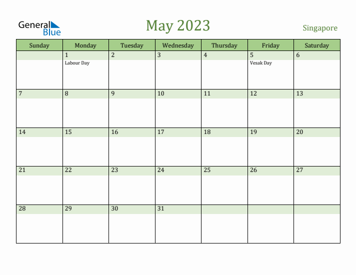 May 2023 Calendar with Singapore Holidays