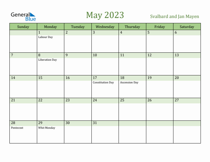 May 2023 Calendar with Svalbard and Jan Mayen Holidays