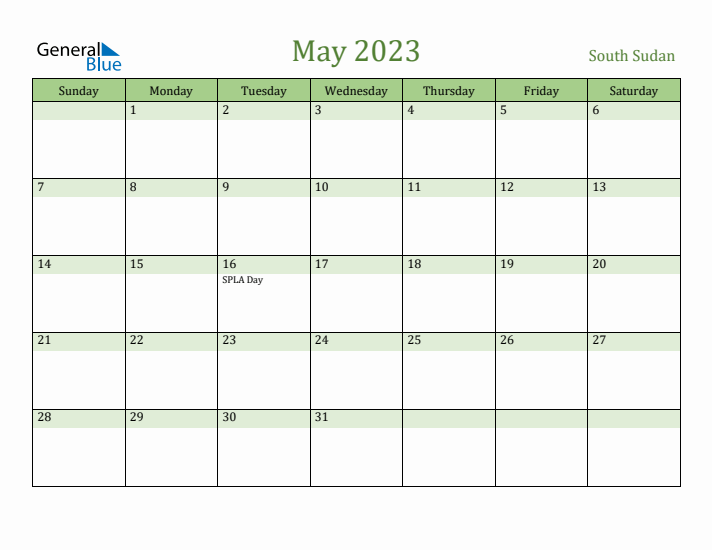 May 2023 Calendar with South Sudan Holidays