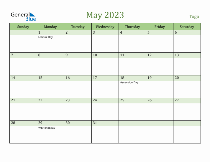 May 2023 Calendar with Togo Holidays