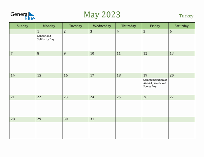 May 2023 Calendar with Turkey Holidays