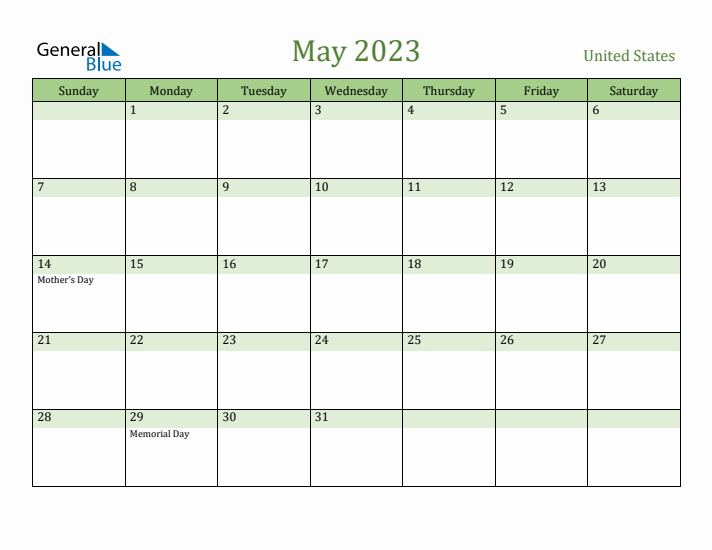 May 2023 Calendar with United States Holidays