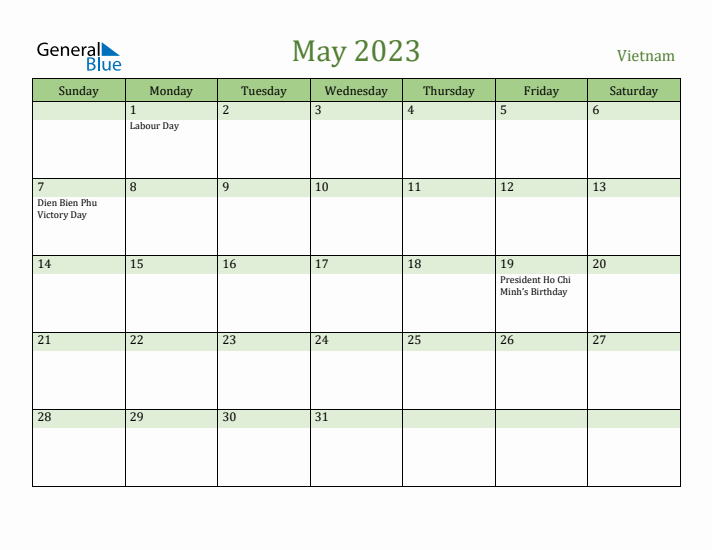May 2023 Calendar with Vietnam Holidays