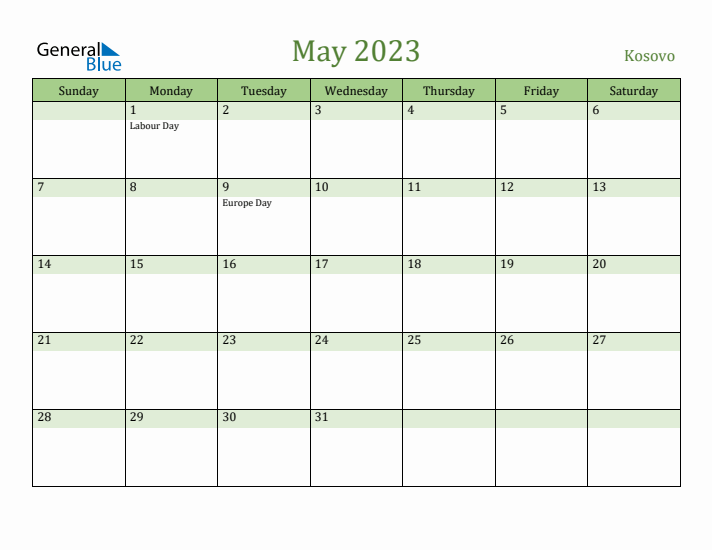 May 2023 Calendar with Kosovo Holidays