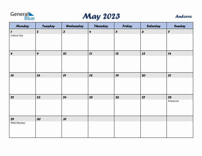 May 2023 Calendar with Holidays in Andorra