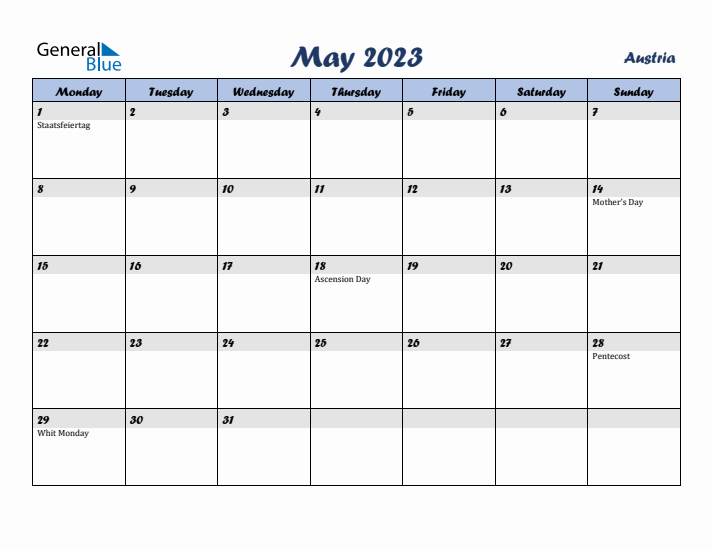 May 2023 Calendar with Holidays in Austria