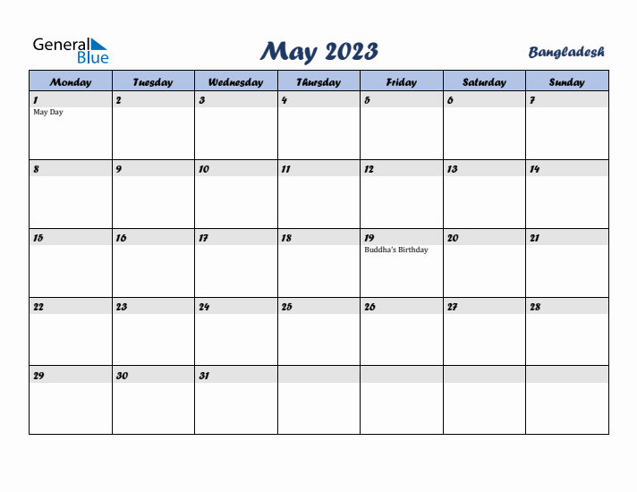 May 2023 Calendar with Holidays in Bangladesh