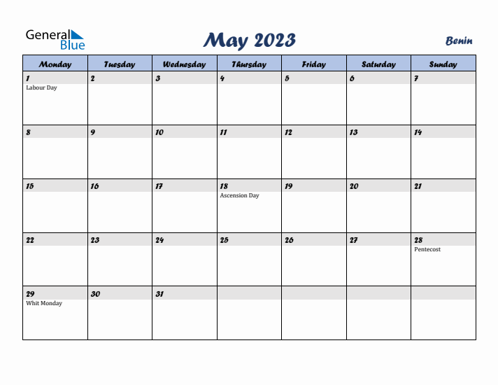 May 2023 Calendar with Holidays in Benin