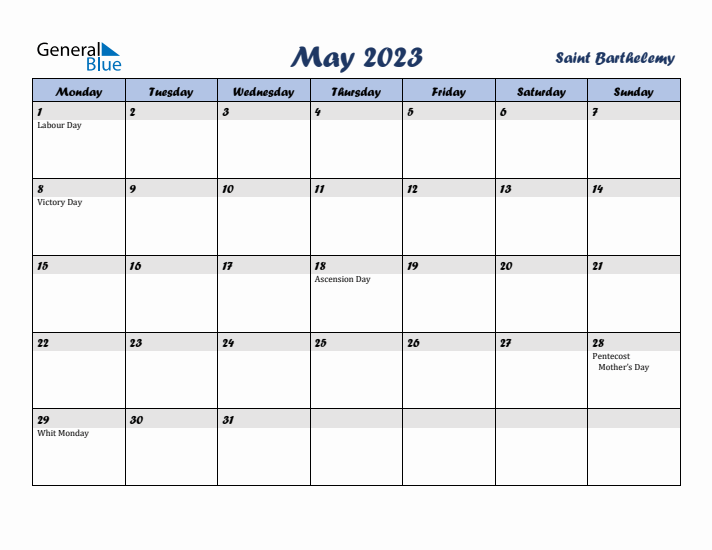 May 2023 Calendar with Holidays in Saint Barthelemy