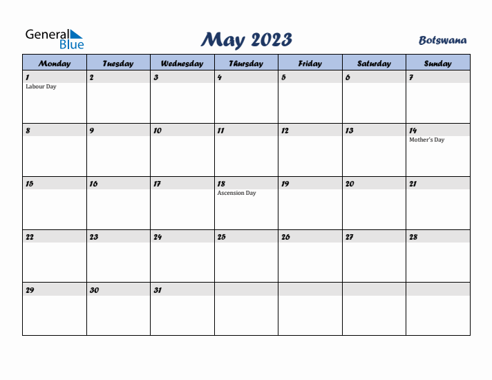 May 2023 Calendar with Holidays in Botswana