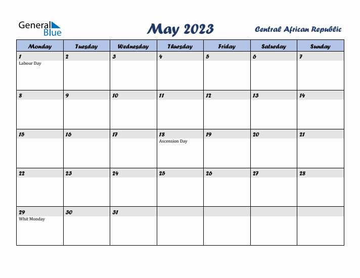 May 2023 Calendar with Holidays in Central African Republic