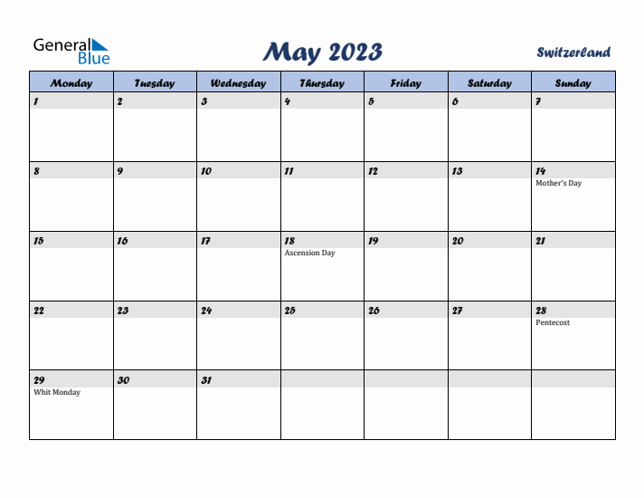 May 2023 Calendar with Holidays in Switzerland