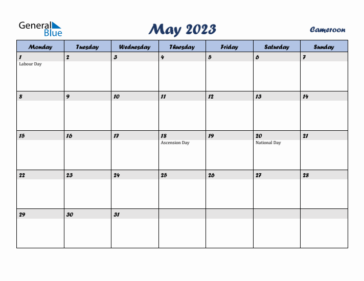 May 2023 Calendar with Holidays in Cameroon