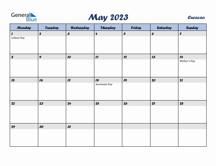 May 2023 Calendar with Holidays in Curacao