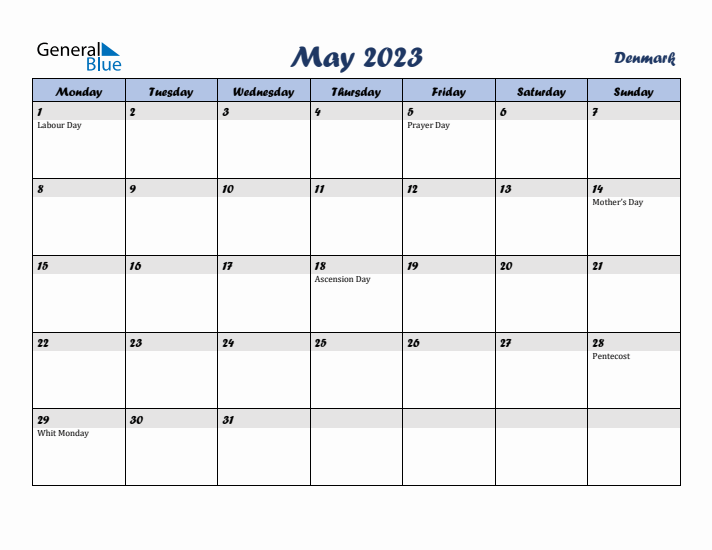 May 2023 Calendar with Holidays in Denmark