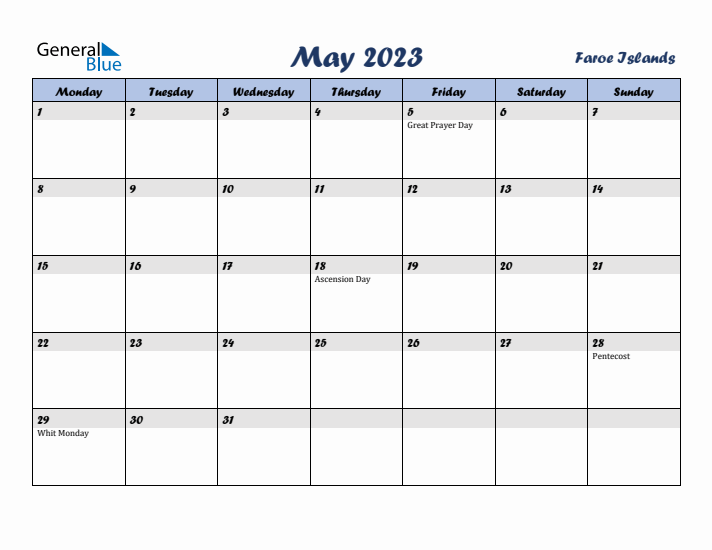 May 2023 Calendar with Holidays in Faroe Islands