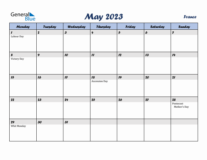 May 2023 Calendar with Holidays in France