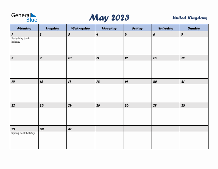 May 2023 Calendar with Holidays in United Kingdom