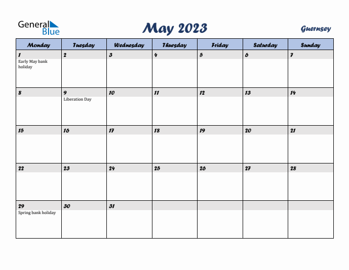 May 2023 Calendar with Holidays in Guernsey