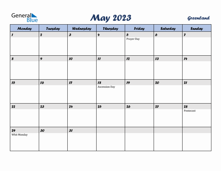 May 2023 Calendar with Holidays in Greenland