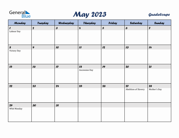 May 2023 Calendar with Holidays in Guadeloupe