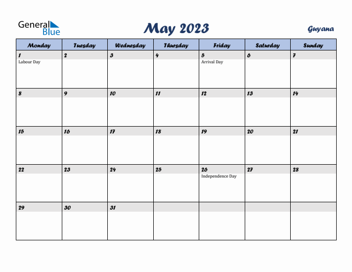 May 2023 Calendar with Holidays in Guyana