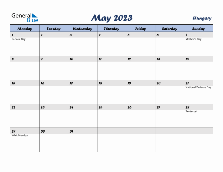 May 2023 Calendar with Holidays in Hungary