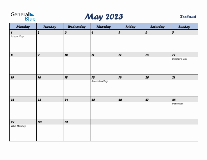 May 2023 Calendar with Holidays in Iceland