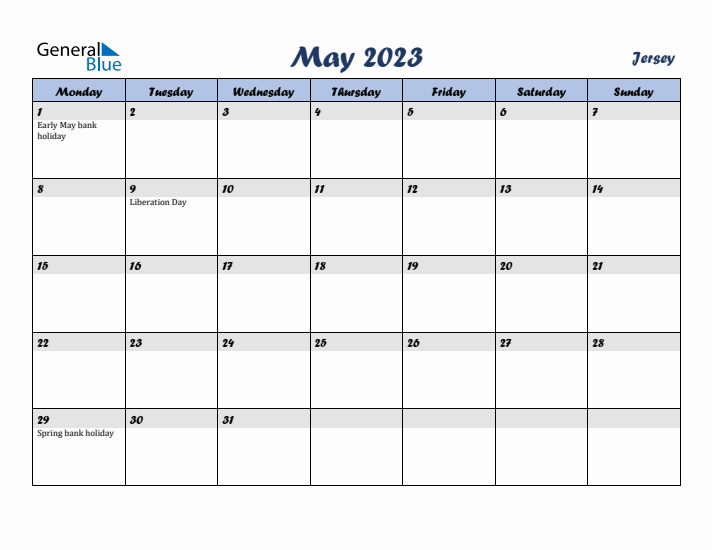 May 2023 Calendar with Holidays in Jersey