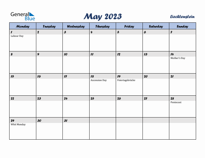 May 2023 Calendar with Holidays in Liechtenstein