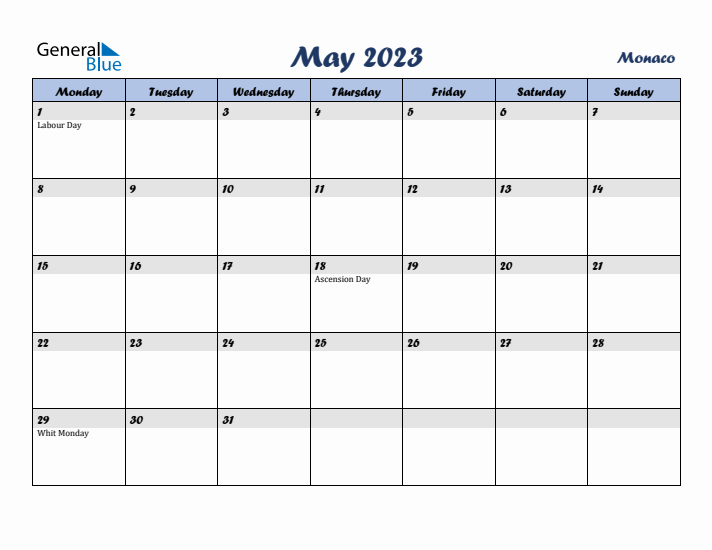 May 2023 Calendar with Holidays in Monaco
