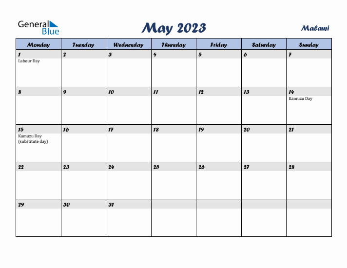 May 2023 Calendar with Holidays in Malawi