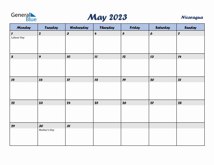 May 2023 Calendar with Holidays in Nicaragua