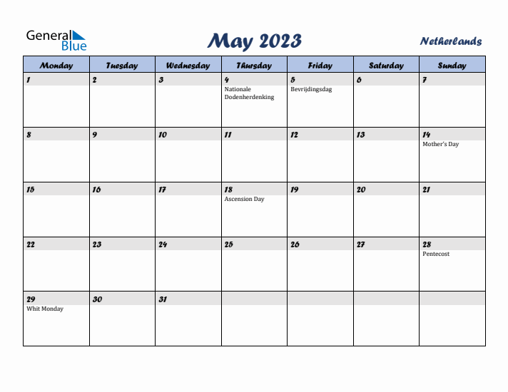 May 2023 Calendar with Holidays in The Netherlands