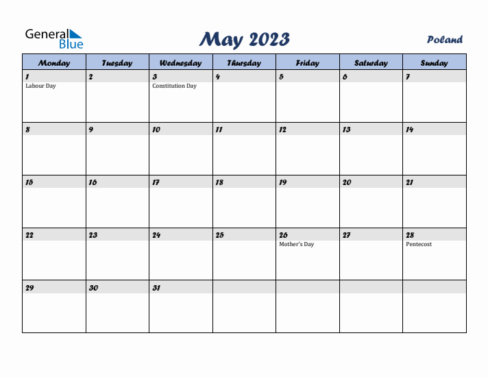 May 2023 Calendar with Holidays in Poland