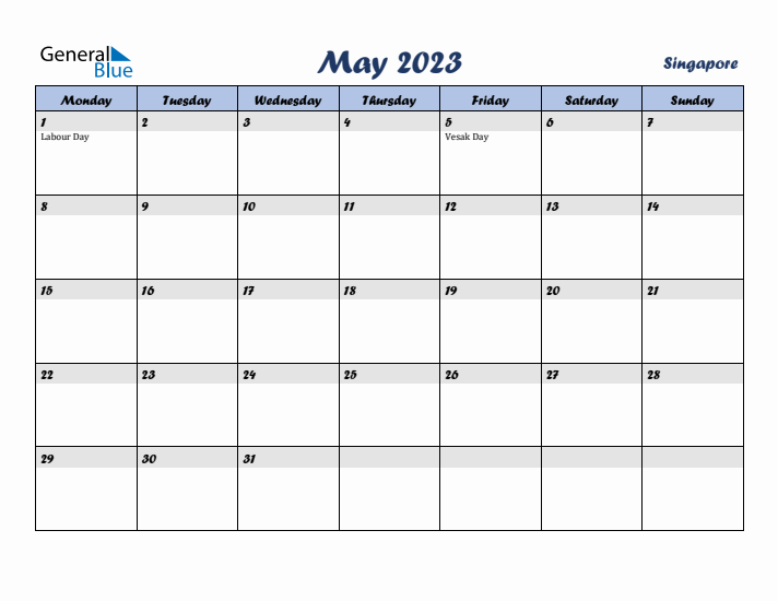 May 2023 Calendar with Holidays in Singapore