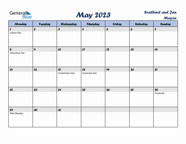 May 2023 Calendar with Holidays in Svalbard and Jan Mayen