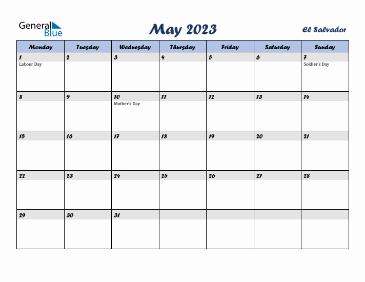 May 2023 Calendar with Holidays in El Salvador