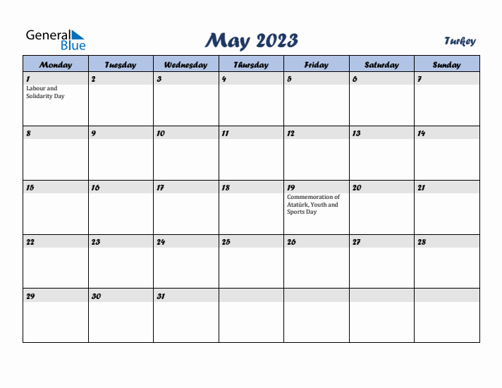 May 2023 Calendar with Holidays in Turkey