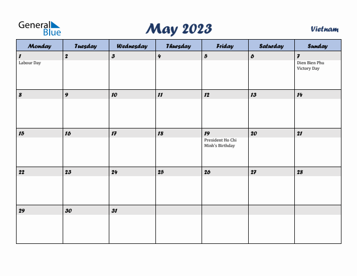 May 2023 Calendar with Holidays in Vietnam